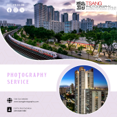 Architectural photography in Singapore featuring high-rise residential buildings, an MRT train and city greenery by Tsang Photography.